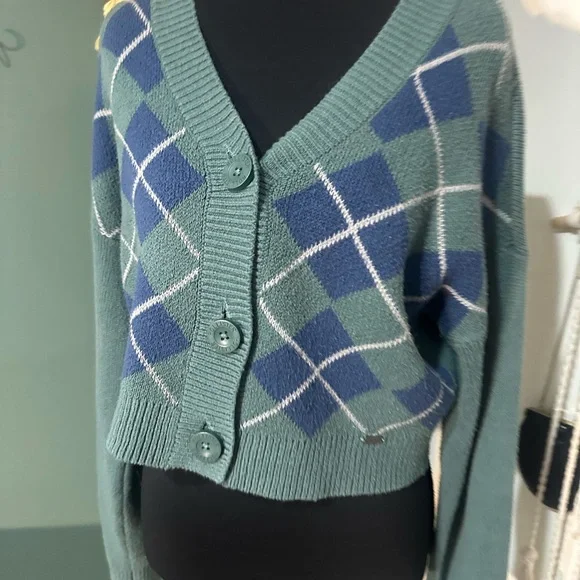 Hollister Blue and Green Argyle Cardigan Y2K Size Small - Picture 3 of 5
